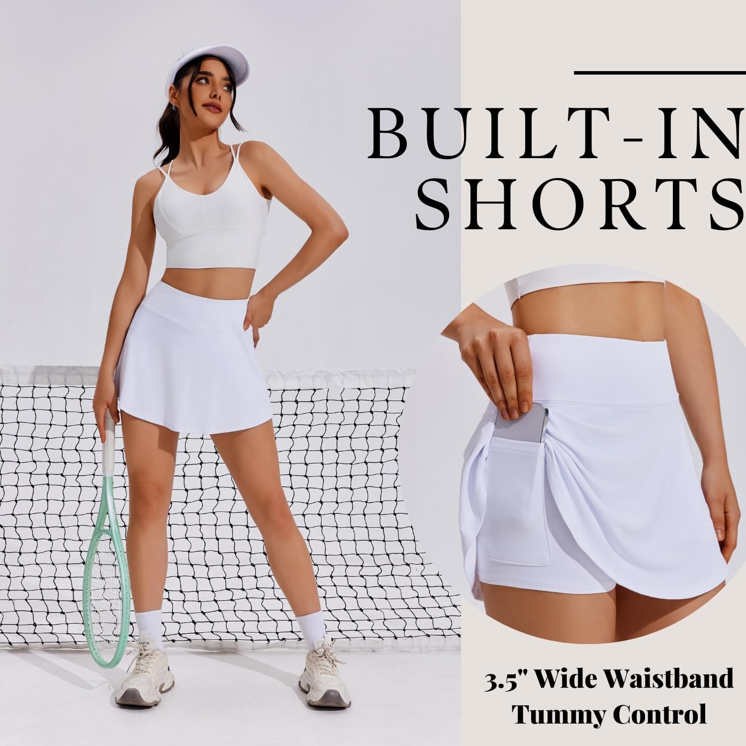 image:imagePINSPARK Tennis Skirts for Women Pleated Athletic Skort Lightweight Golf Skirts with Shorts Pocket Workout PickleballWhite