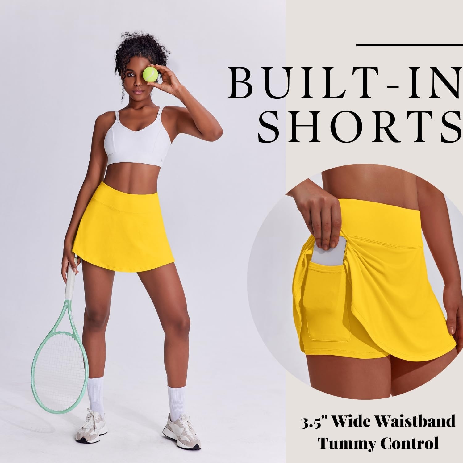 image:imagePINSPARK Tennis Skirts for Women Pleated Athletic Skort Lightweight Golf Skirts with Shorts Pocket Workout PickleballYellow
