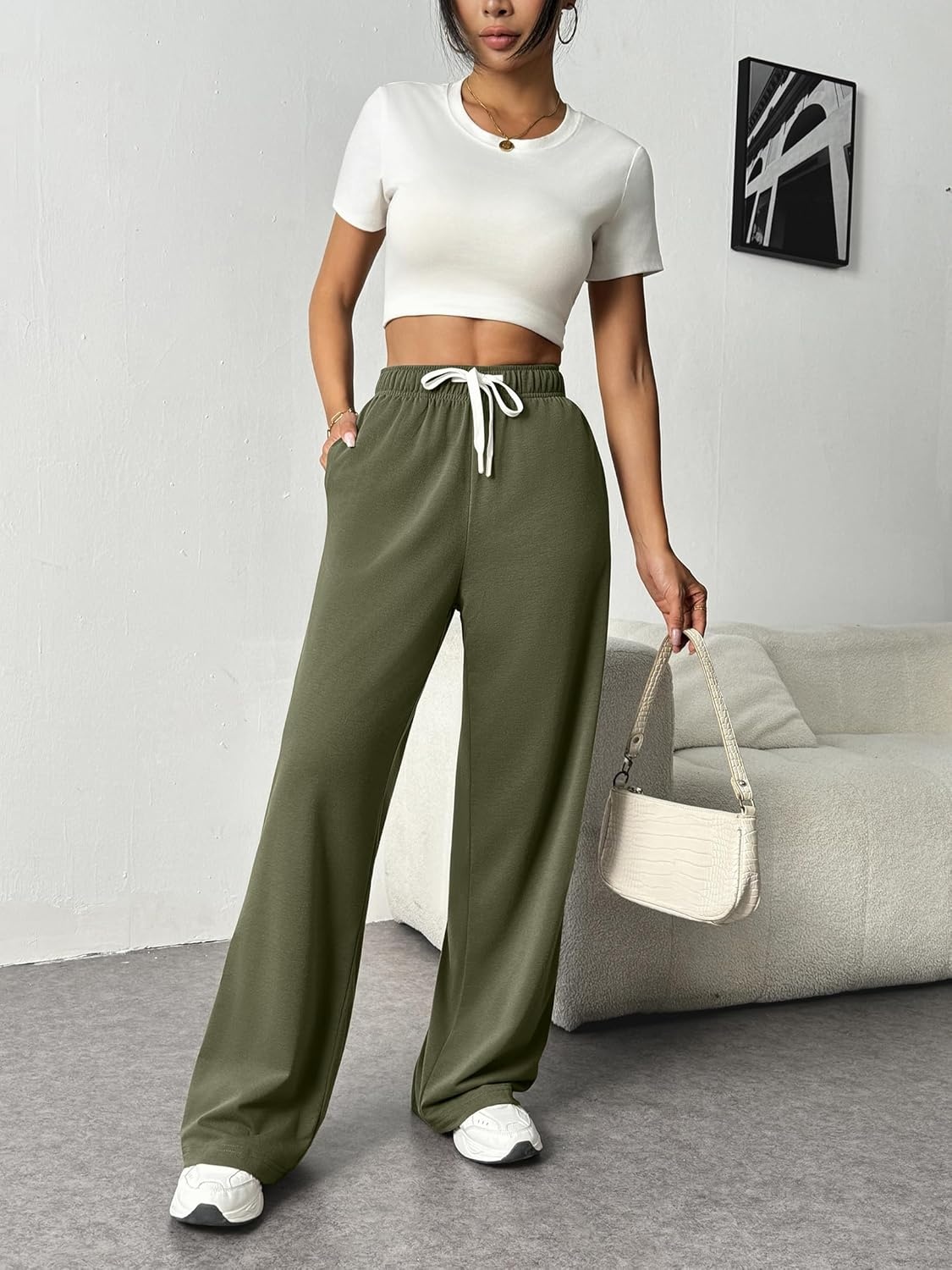 image:imagePINSPARK Wide Leg Sweat Pants for Womens High Waisted Baggy Sweatpants Casual Drawstring Workout Pants with PocketsArmy Green