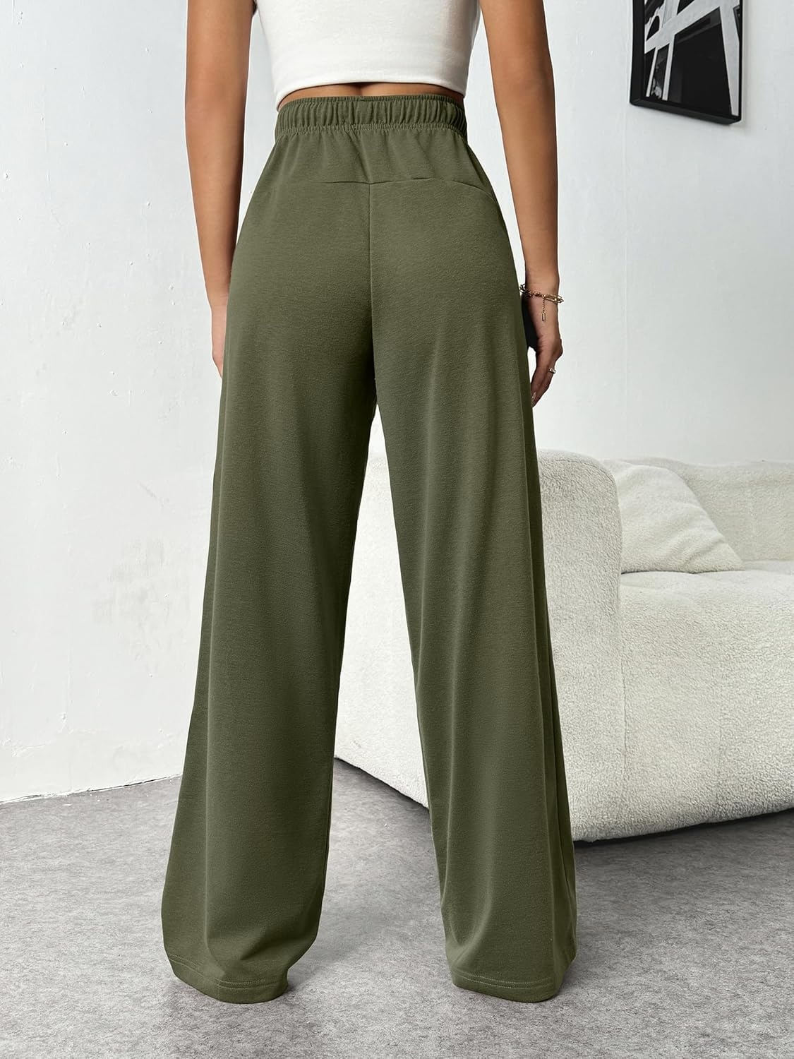 image:imagePINSPARK Wide Leg Sweat Pants for Womens High Waisted Baggy Sweatpants Casual Drawstring Workout Pants with PocketsArmy Green