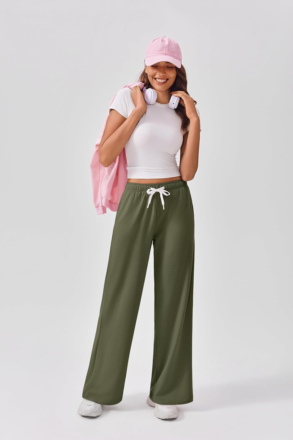 image:imagePINSPARK Wide Leg Sweat Pants for Womens High Waisted Baggy Sweatpants Casual Drawstring Workout Pants with PocketsArmy Green