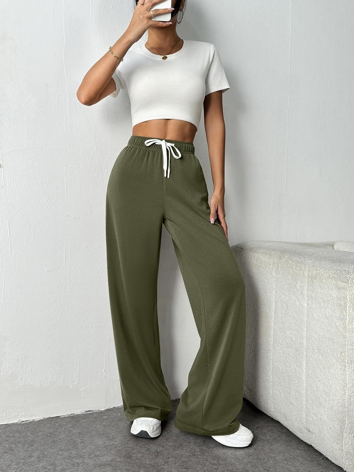 image:imagePINSPARK Wide Leg Sweat Pants for Womens High Waisted Baggy Sweatpants Casual Drawstring Workout Pants with PocketsArmy Green