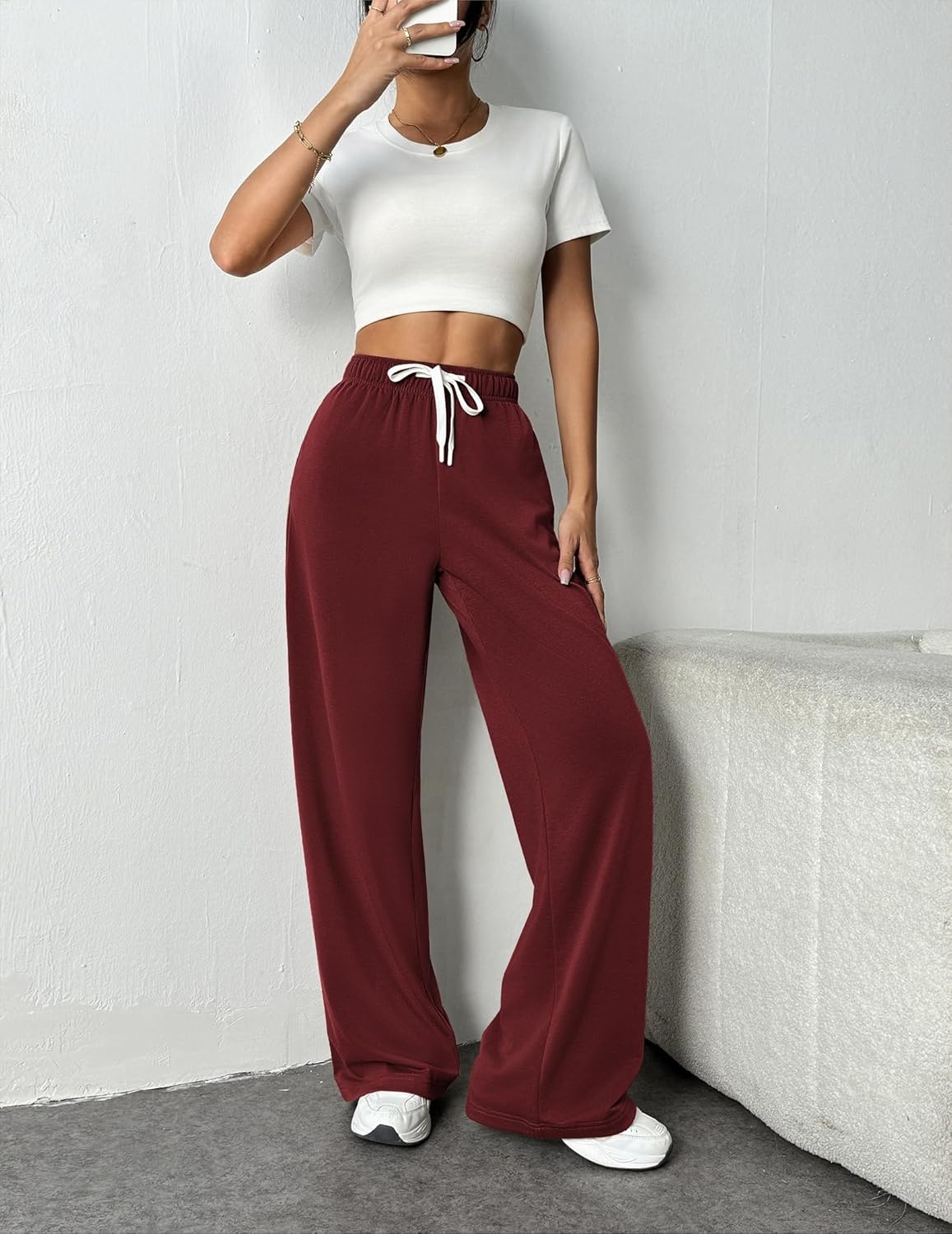image:imagePINSPARK Wide Leg Sweat Pants for Womens High Waisted Baggy Sweatpants Casual Drawstring Workout Pants with PocketsBurgundy