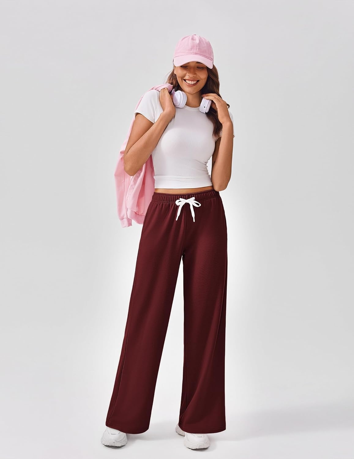 image:imagePINSPARK Wide Leg Sweat Pants for Womens High Waisted Baggy Sweatpants Casual Drawstring Workout Pants with PocketsBurgundy