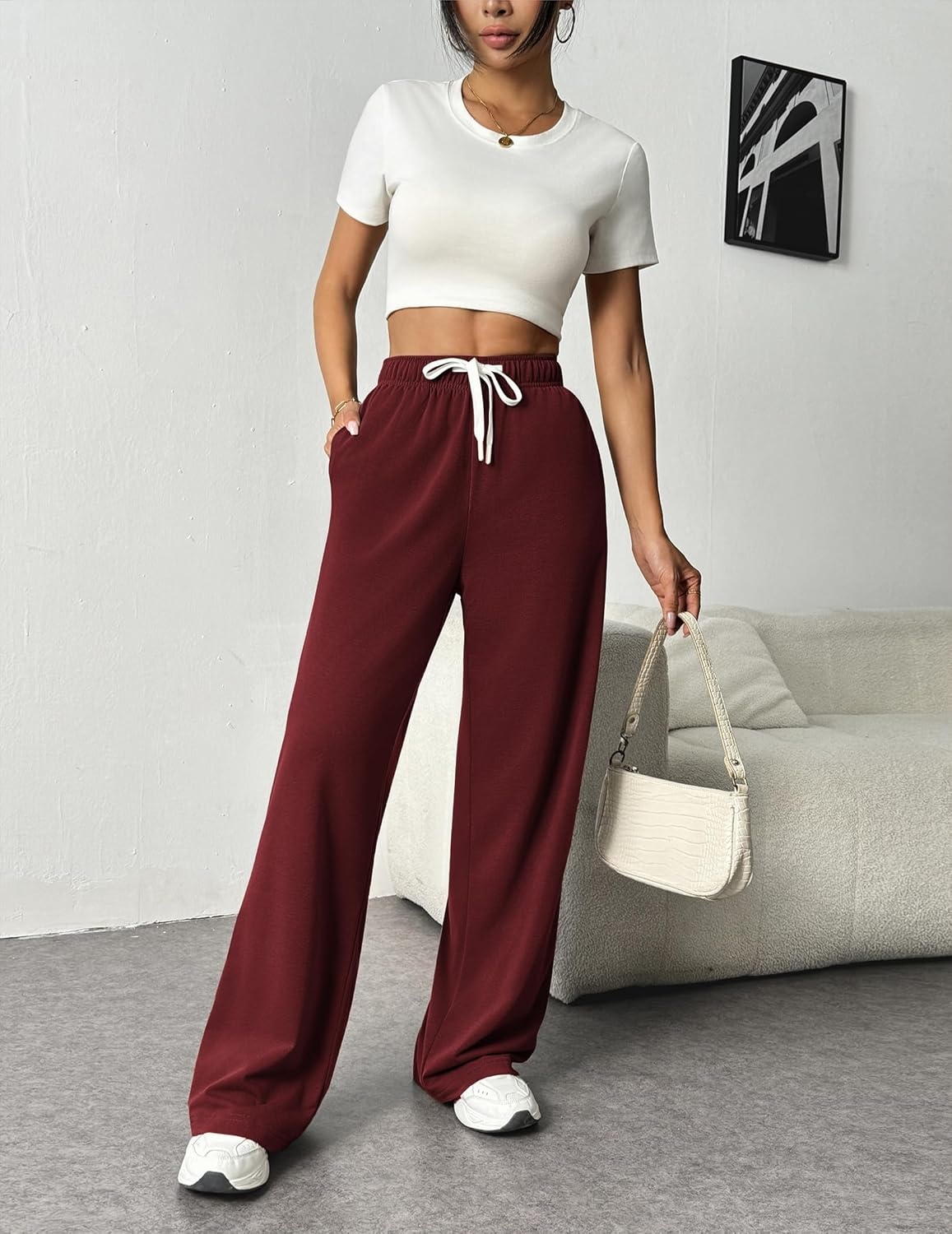 image:imagePINSPARK Wide Leg Sweat Pants for Womens High Waisted Baggy Sweatpants Casual Drawstring Workout Pants with PocketsBurgundy