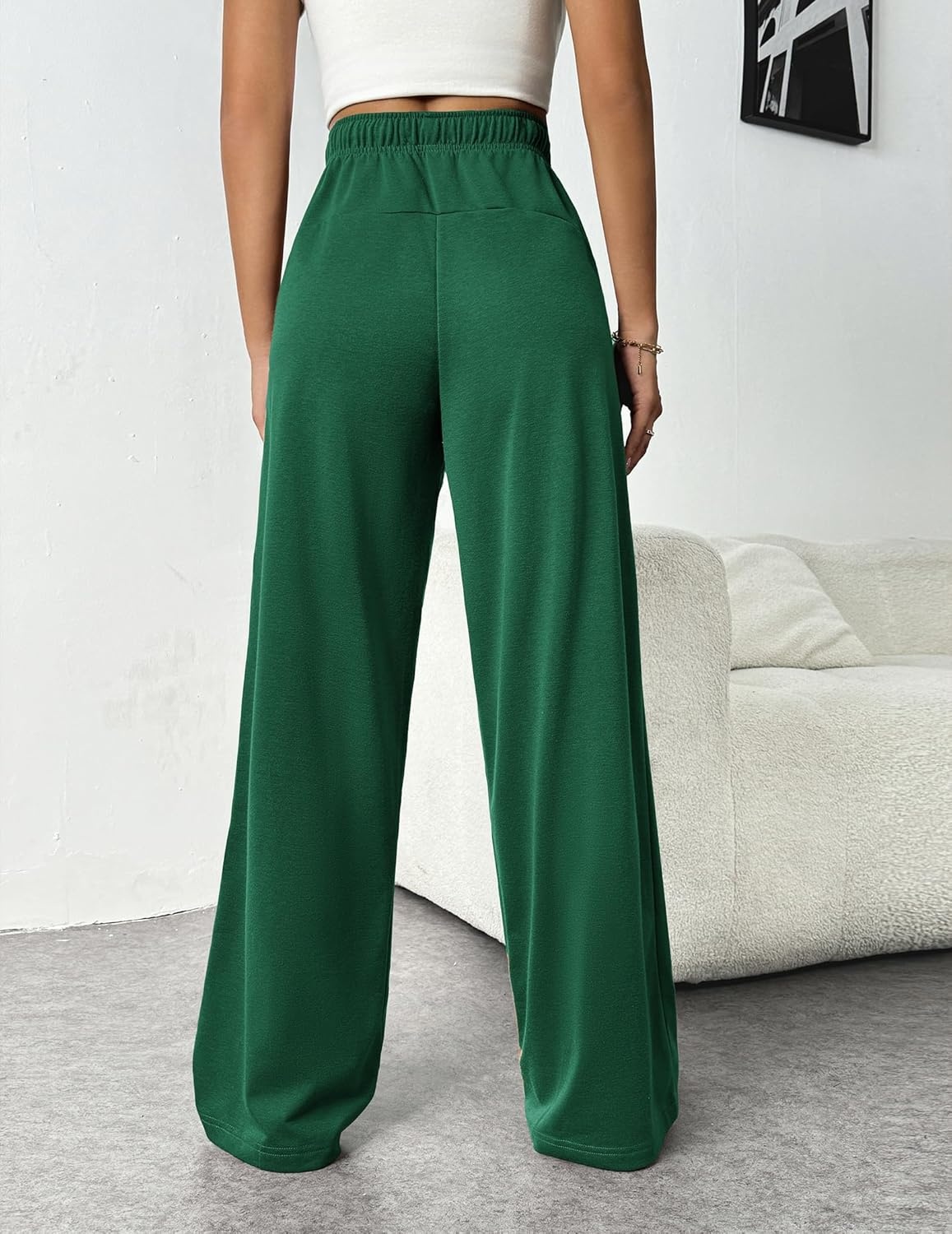 image:imagePINSPARK Wide Leg Sweat Pants for Womens High Waisted Baggy Sweatpants Casual Drawstring Workout Pants with PocketsEvergreen