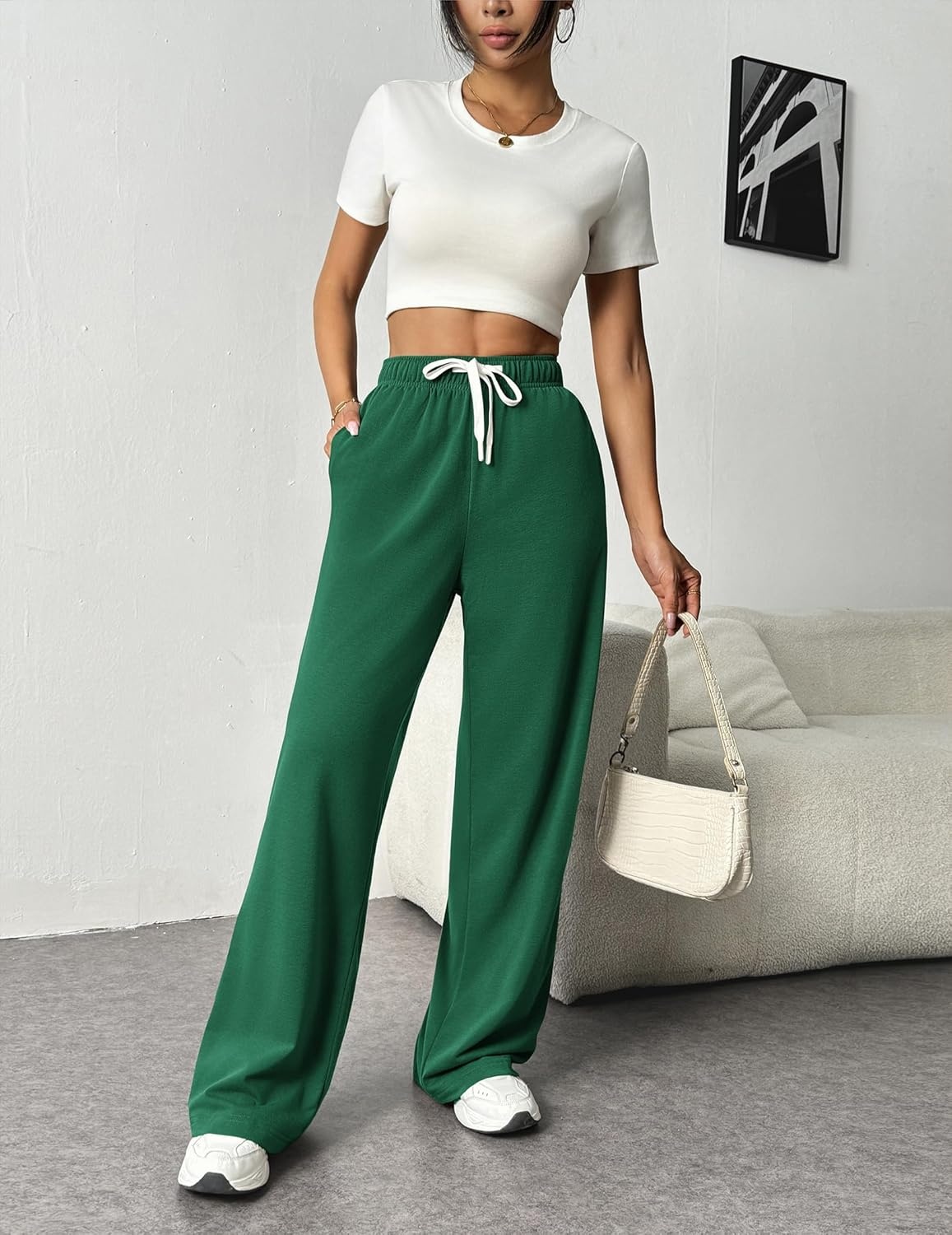 image:imagePINSPARK Wide Leg Sweat Pants for Womens High Waisted Baggy Sweatpants Casual Drawstring Workout Pants with PocketsEvergreen