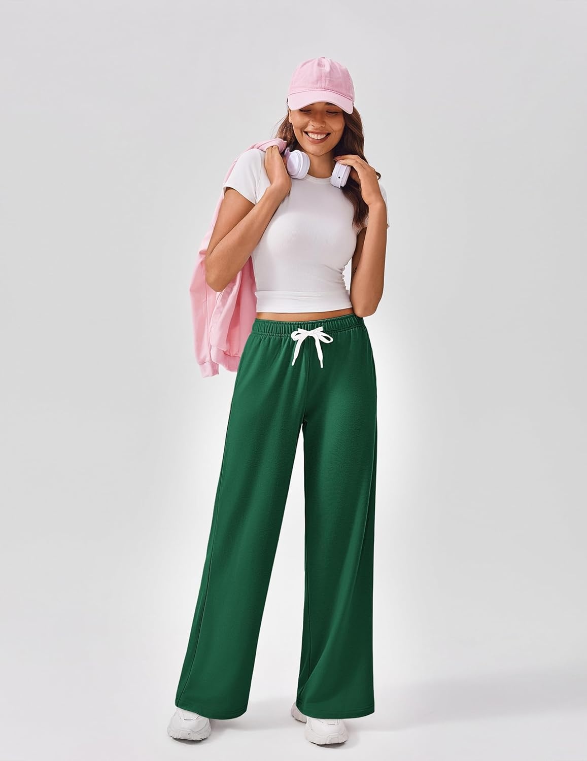 image:imagePINSPARK Wide Leg Sweat Pants for Womens High Waisted Baggy Sweatpants Casual Drawstring Workout Pants with PocketsEvergreen