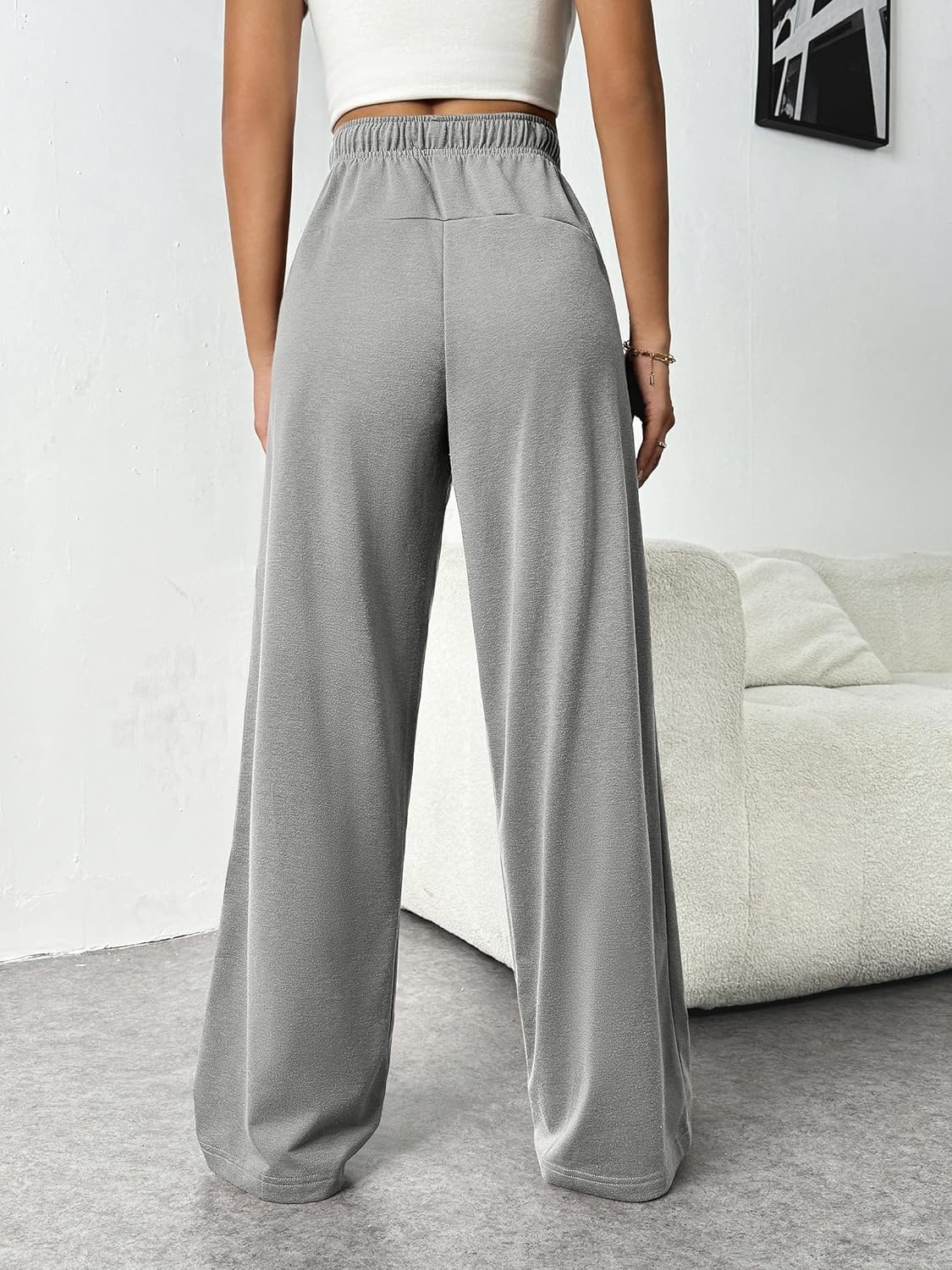 image:imagePINSPARK Wide Leg Sweat Pants for Womens High Waisted Baggy Sweatpants Casual Drawstring Workout Pants with PocketsHeather Light Grey
