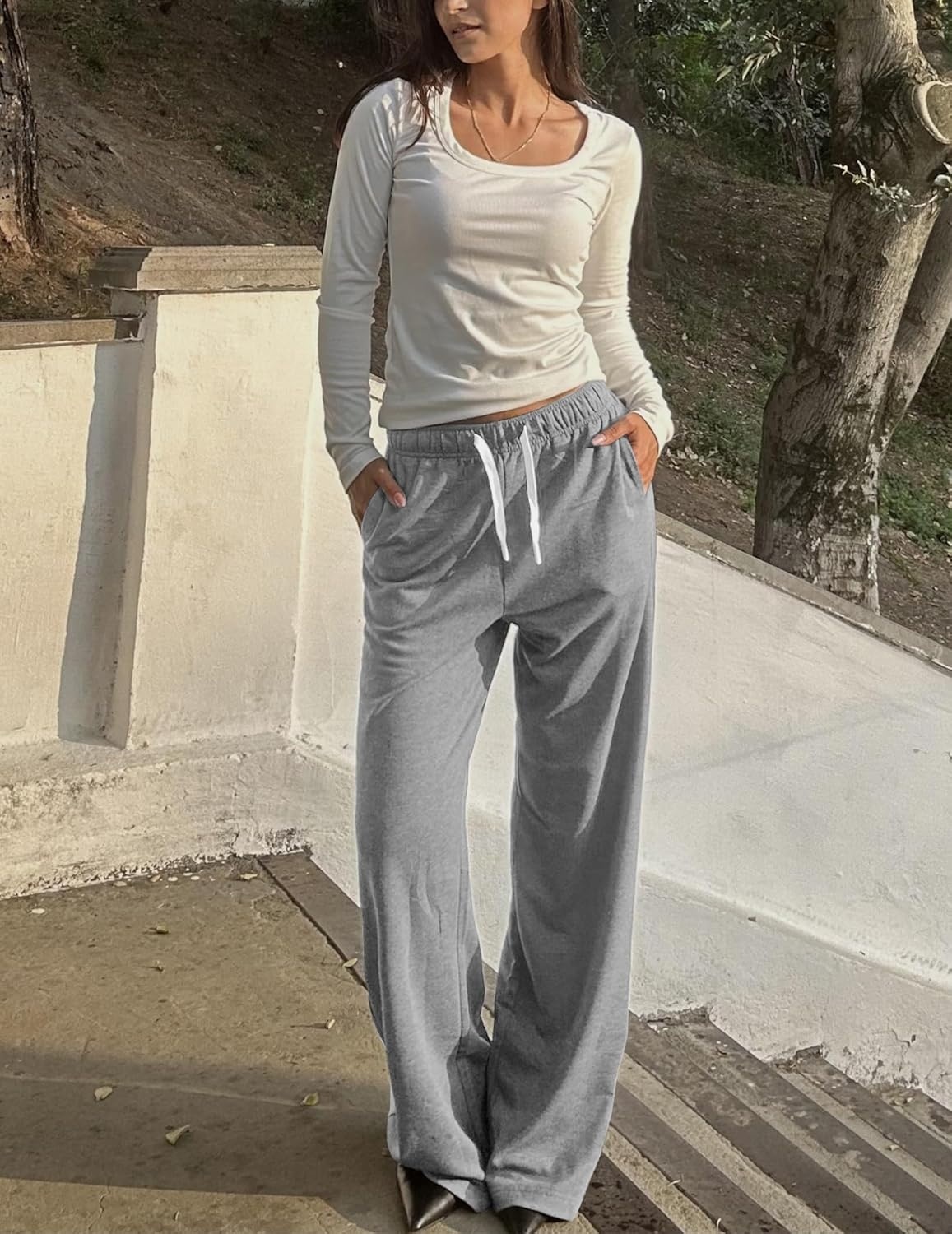 image:imagePINSPARK Wide Leg Sweat Pants for Womens High Waisted Baggy Sweatpants Casual Drawstring Workout Pants with PocketsHeather Light Grey