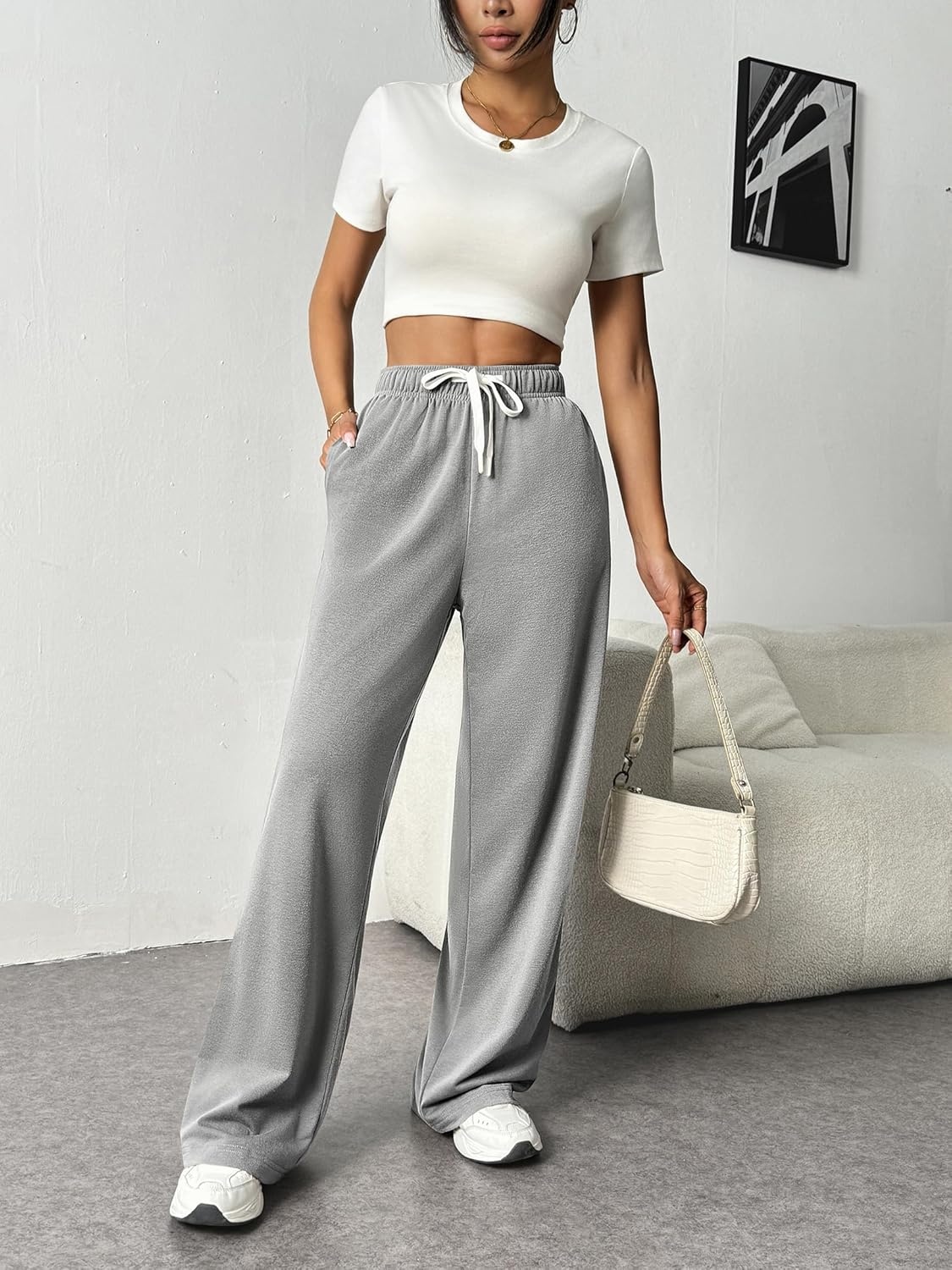 image:imagePINSPARK Wide Leg Sweat Pants for Womens High Waisted Baggy Sweatpants Casual Drawstring Workout Pants with PocketsHeather Light Grey