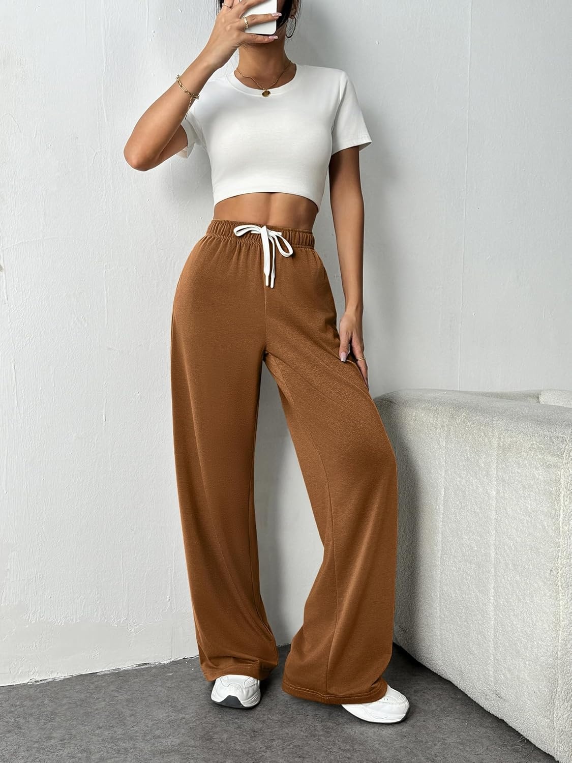 image:imagePINSPARK Wide Leg Sweat Pants for Womens High Waisted Baggy Sweatpants Casual Drawstring Workout Pants with PocketsLight Brown