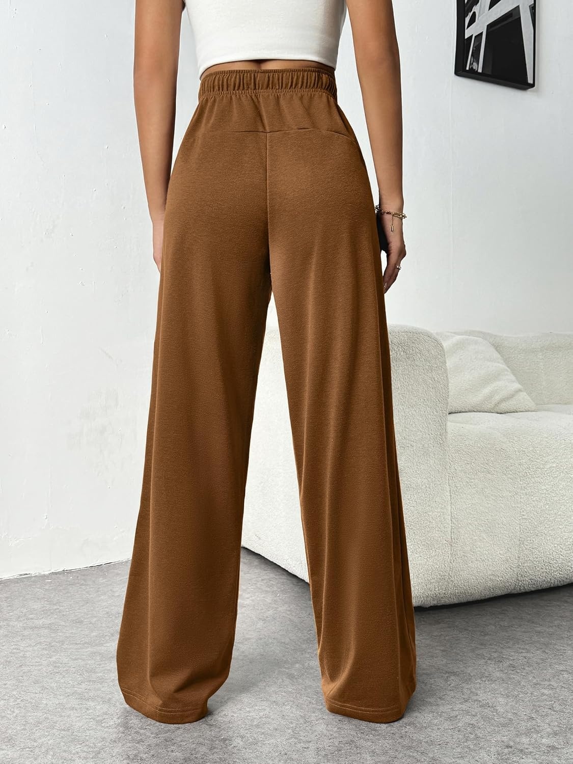 image:imagePINSPARK Wide Leg Sweat Pants for Womens High Waisted Baggy Sweatpants Casual Drawstring Workout Pants with PocketsLight Brown