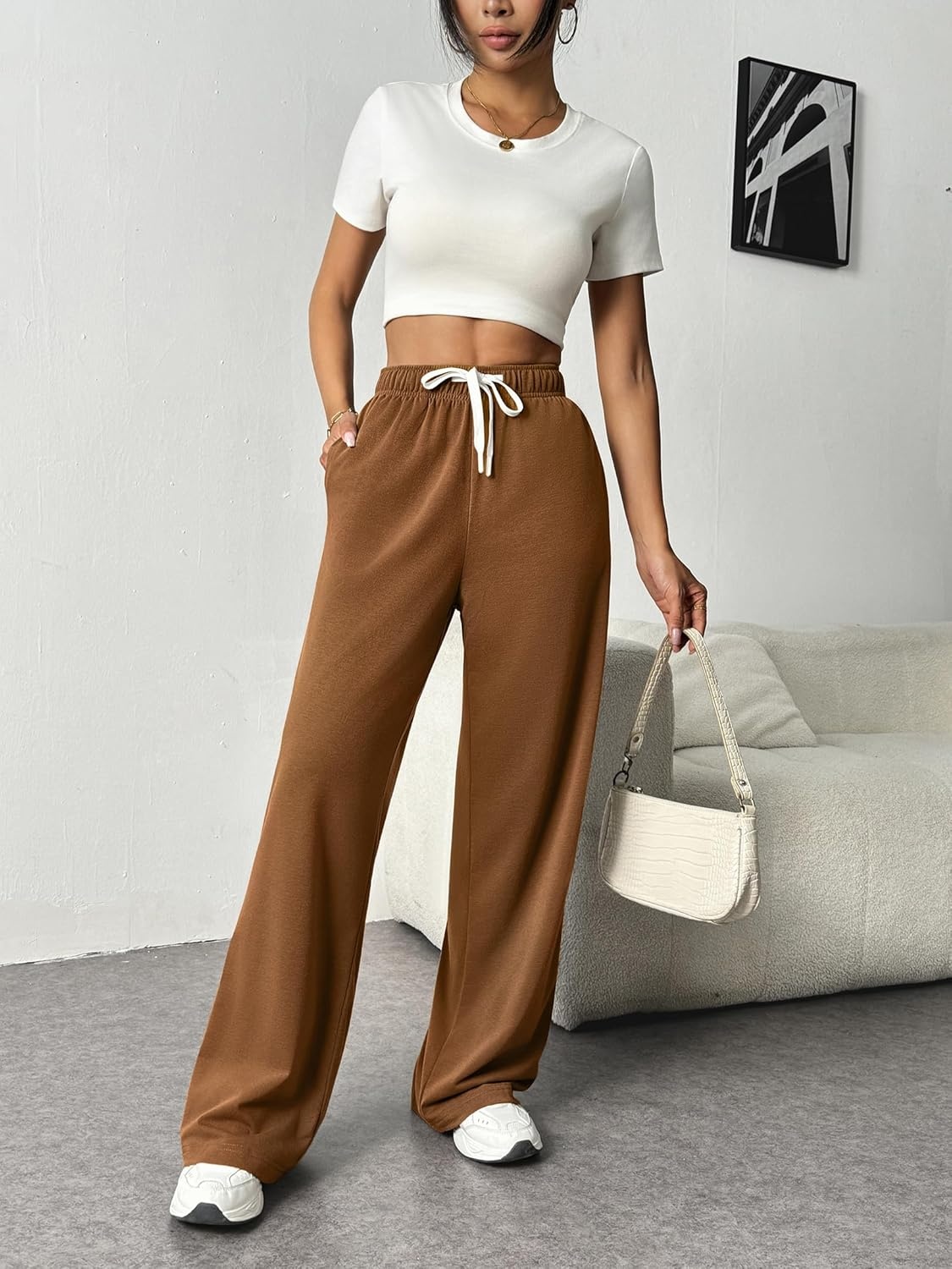 image:imagePINSPARK Wide Leg Sweat Pants for Womens High Waisted Baggy Sweatpants Casual Drawstring Workout Pants with PocketsLight Brown