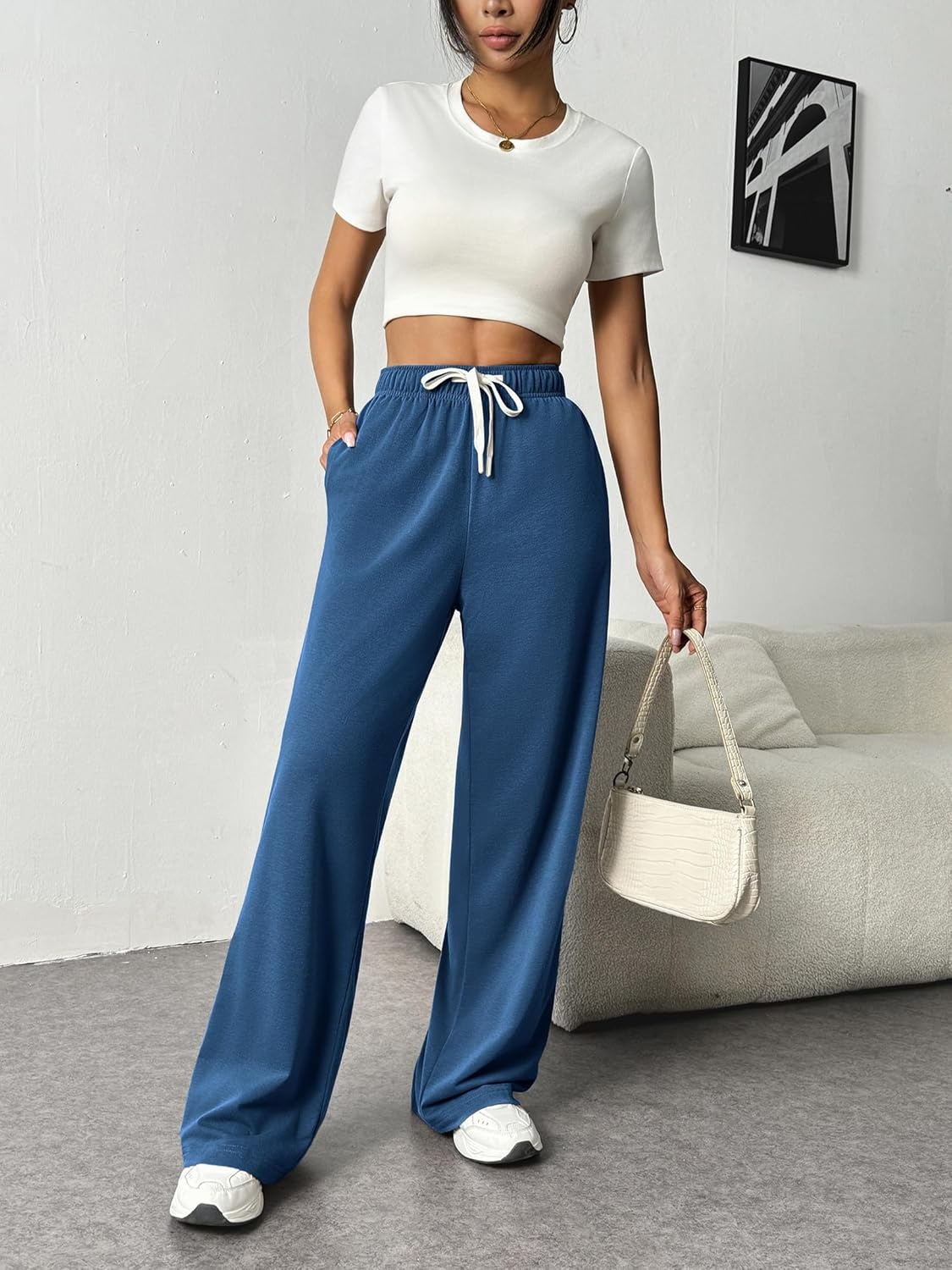 image:imagePINSPARK Wide Leg Sweat Pants for Womens High Waisted Baggy Sweatpants Casual Drawstring Workout Pants with PocketsNavy
