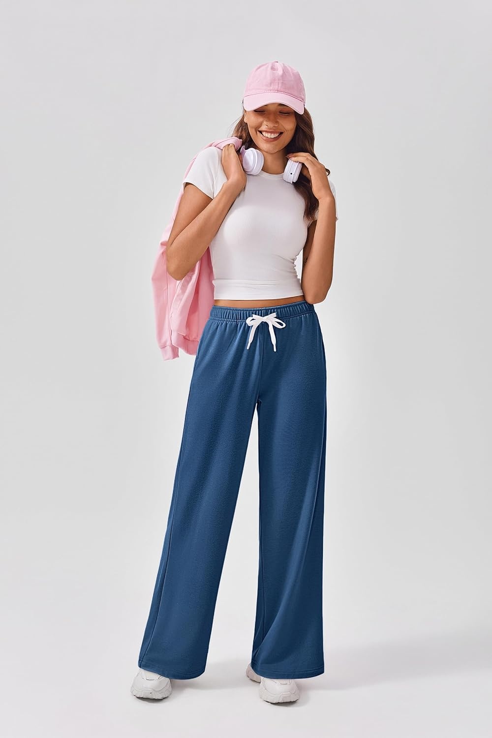 image:imagePINSPARK Wide Leg Sweat Pants for Womens High Waisted Baggy Sweatpants Casual Drawstring Workout Pants with PocketsNavy