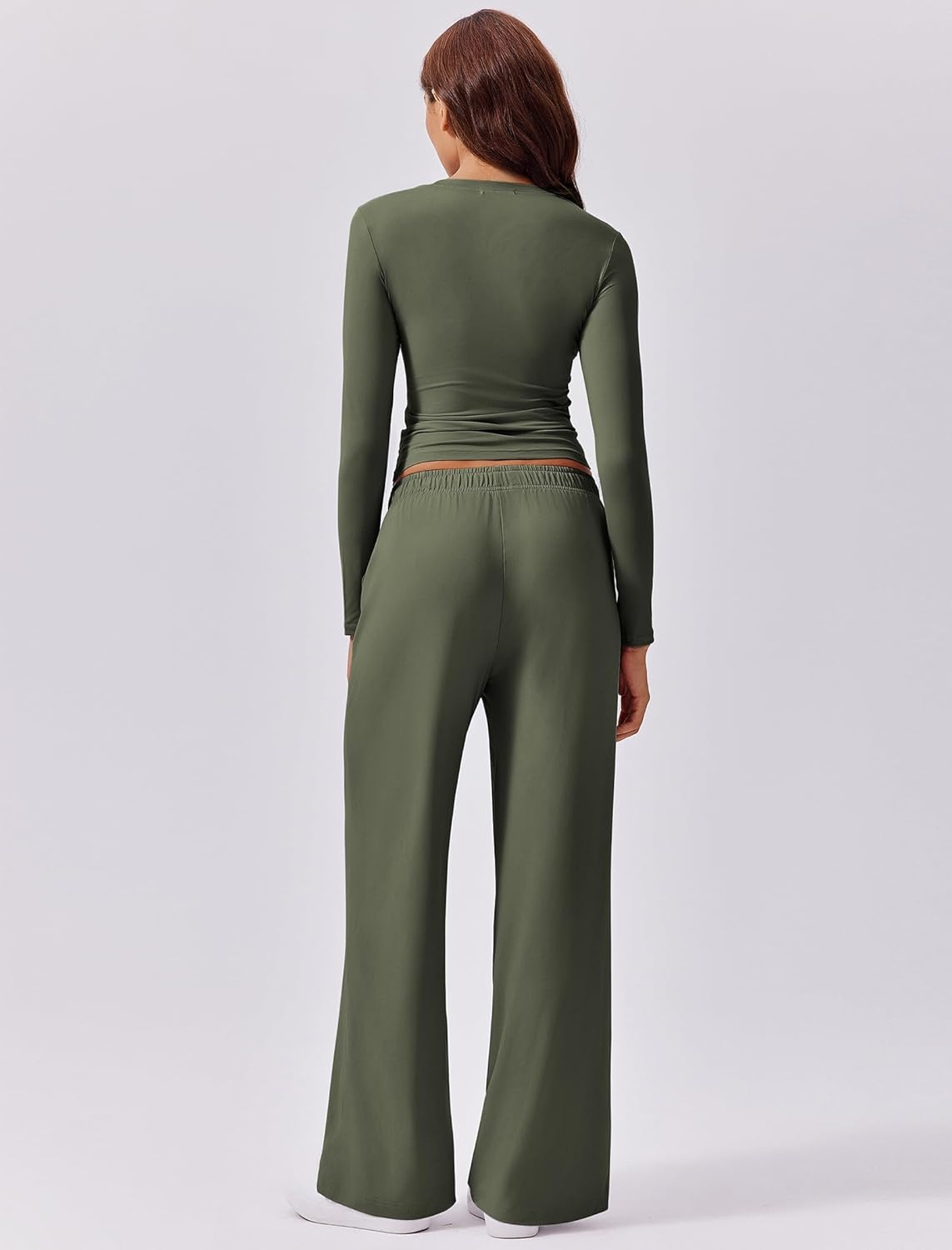 image:imagePINSPARK Women 2 Piece Lounge Set Long Sleeve Cropped Top Wide Leg Pants with Pockets 2024 Fall Outfits Matching TracksuitArmy Green