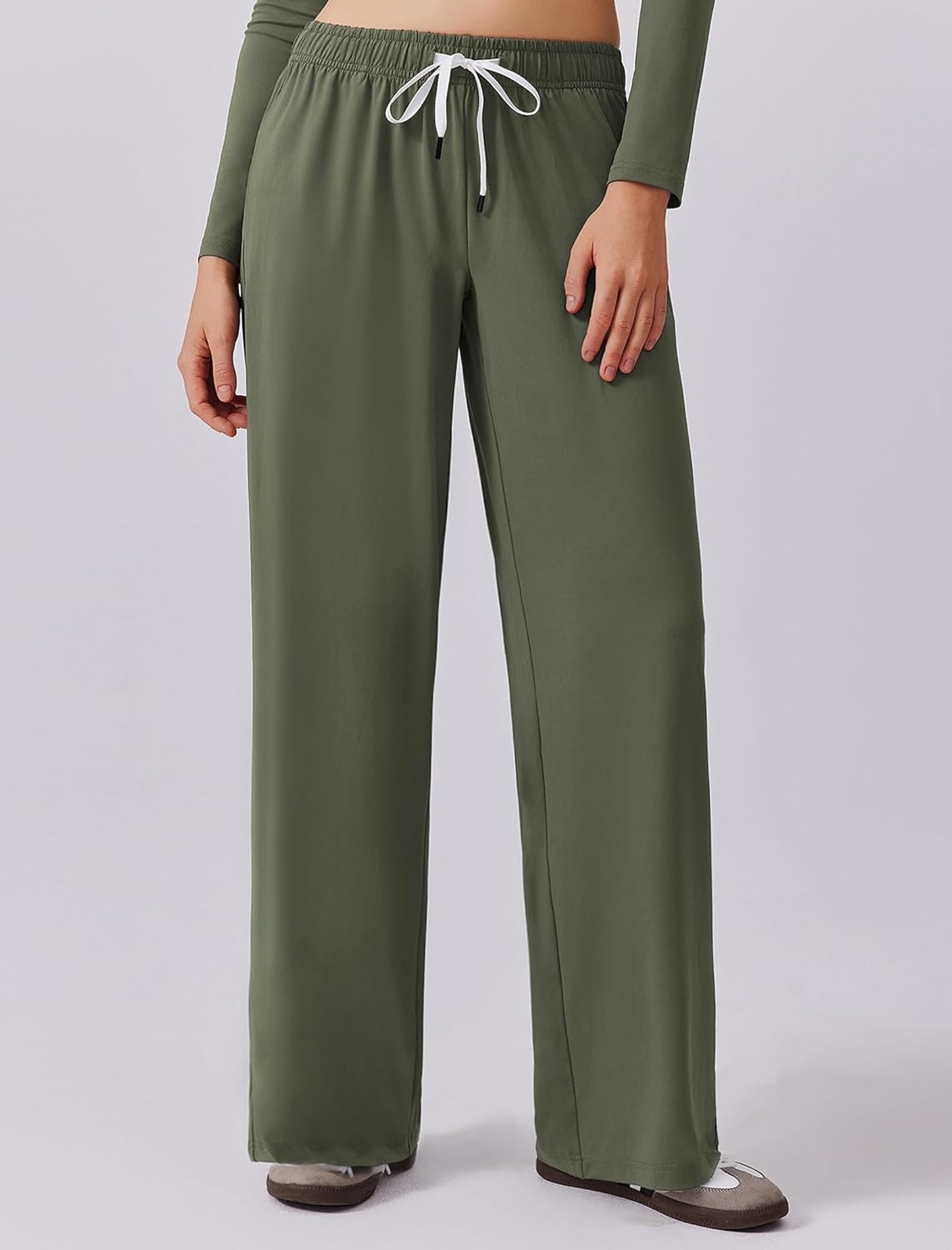 image:imagePINSPARK Women 2 Piece Lounge Set Long Sleeve Cropped Top Wide Leg Pants with Pockets 2024 Fall Outfits Matching TracksuitArmy Green