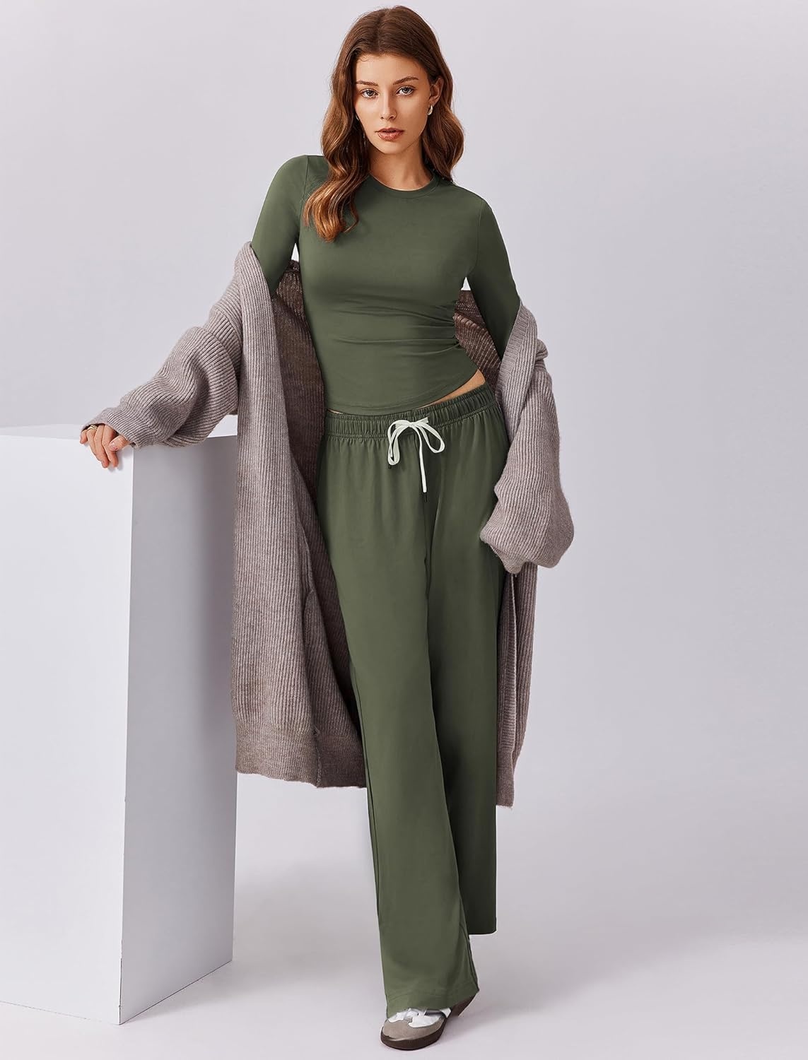 image:imagePINSPARK Women 2 Piece Lounge Set Long Sleeve Cropped Top Wide Leg Pants with Pockets 2024 Fall Outfits Matching TracksuitArmy Green