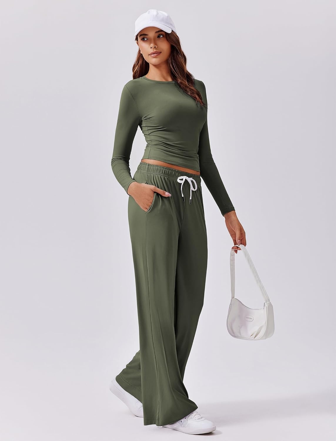 image:imagePINSPARK Women 2 Piece Lounge Set Long Sleeve Cropped Top Wide Leg Pants with Pockets 2024 Fall Outfits Matching TracksuitArmy Green