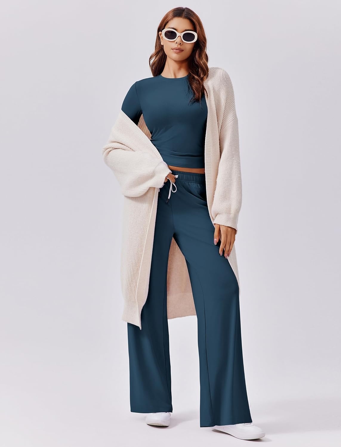 image:imagePINSPARK Women 2 Piece Lounge Set Long Sleeve Cropped Top Wide Leg Pants with Pockets 2024 Fall Outfits Matching TracksuitDark Blue