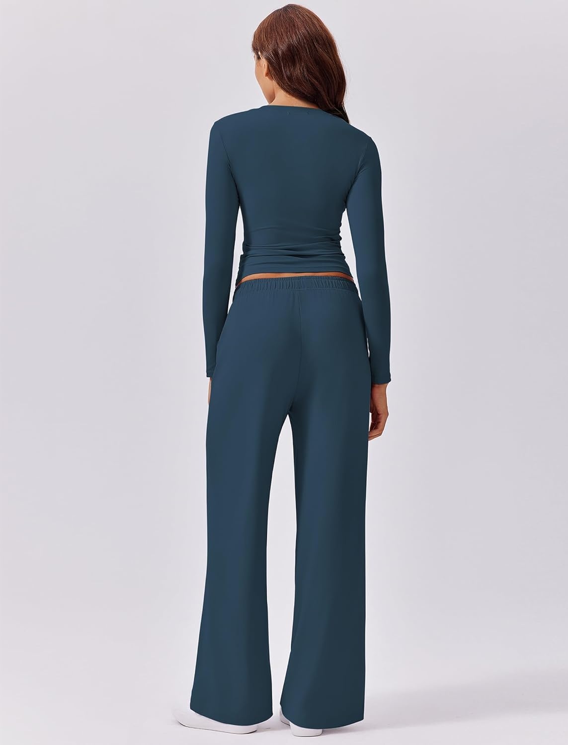 image:imagePINSPARK Women 2 Piece Lounge Set Long Sleeve Cropped Top Wide Leg Pants with Pockets 2024 Fall Outfits Matching TracksuitDark Blue