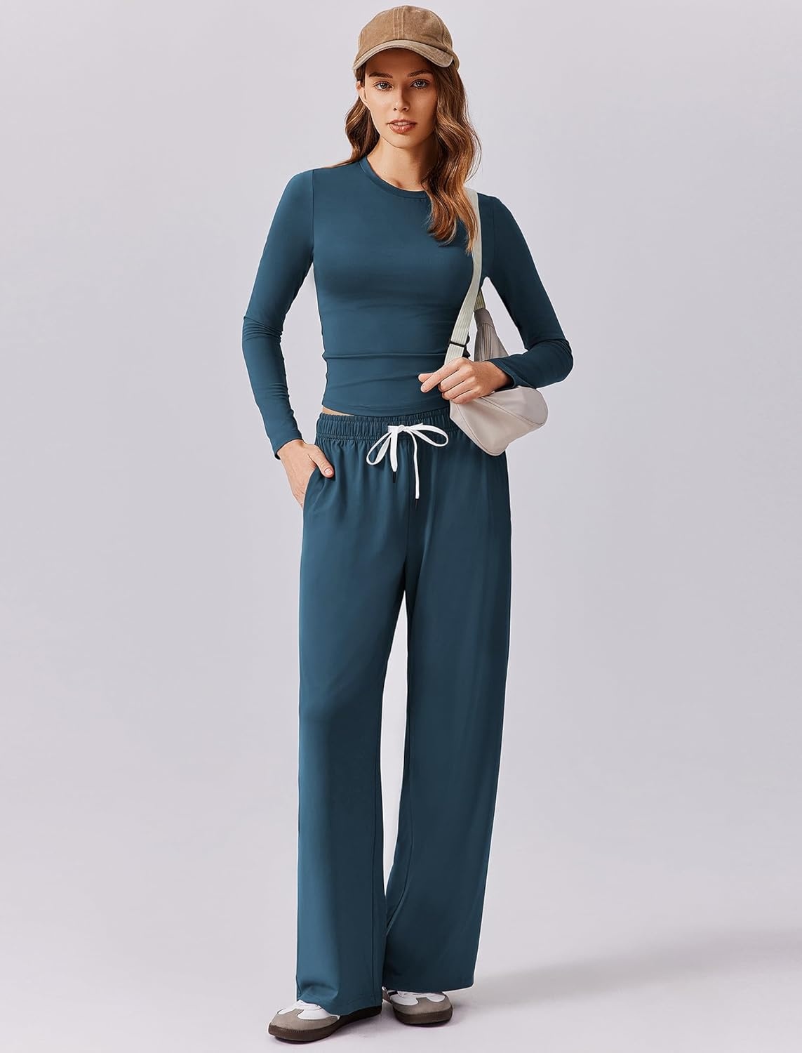 image:imagePINSPARK Women 2 Piece Lounge Set Long Sleeve Cropped Top Wide Leg Pants with Pockets 2024 Fall Outfits Matching TracksuitDark Blue