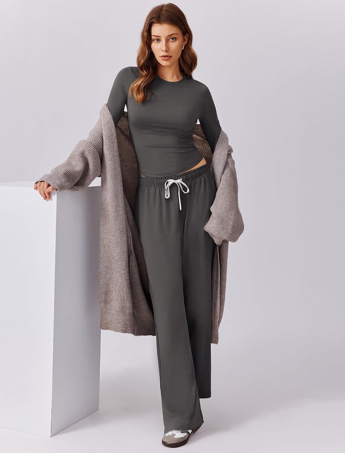 image:imagePINSPARK Women 2 Piece Lounge Set Long Sleeve Cropped Top Wide Leg Pants with Pockets 2024 Fall Outfits Matching TracksuitDark Grey