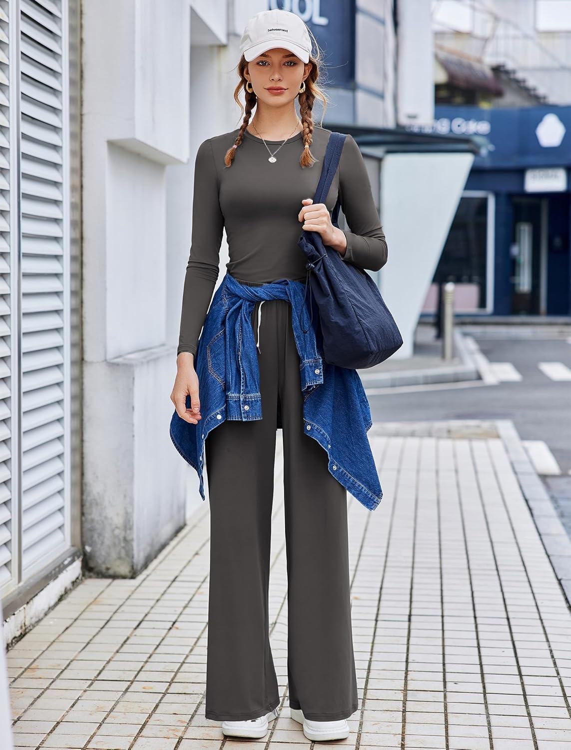 image:imagePINSPARK Women 2 Piece Lounge Set Long Sleeve Cropped Top Wide Leg Pants with Pockets 2024 Fall Outfits Matching TracksuitDark Grey