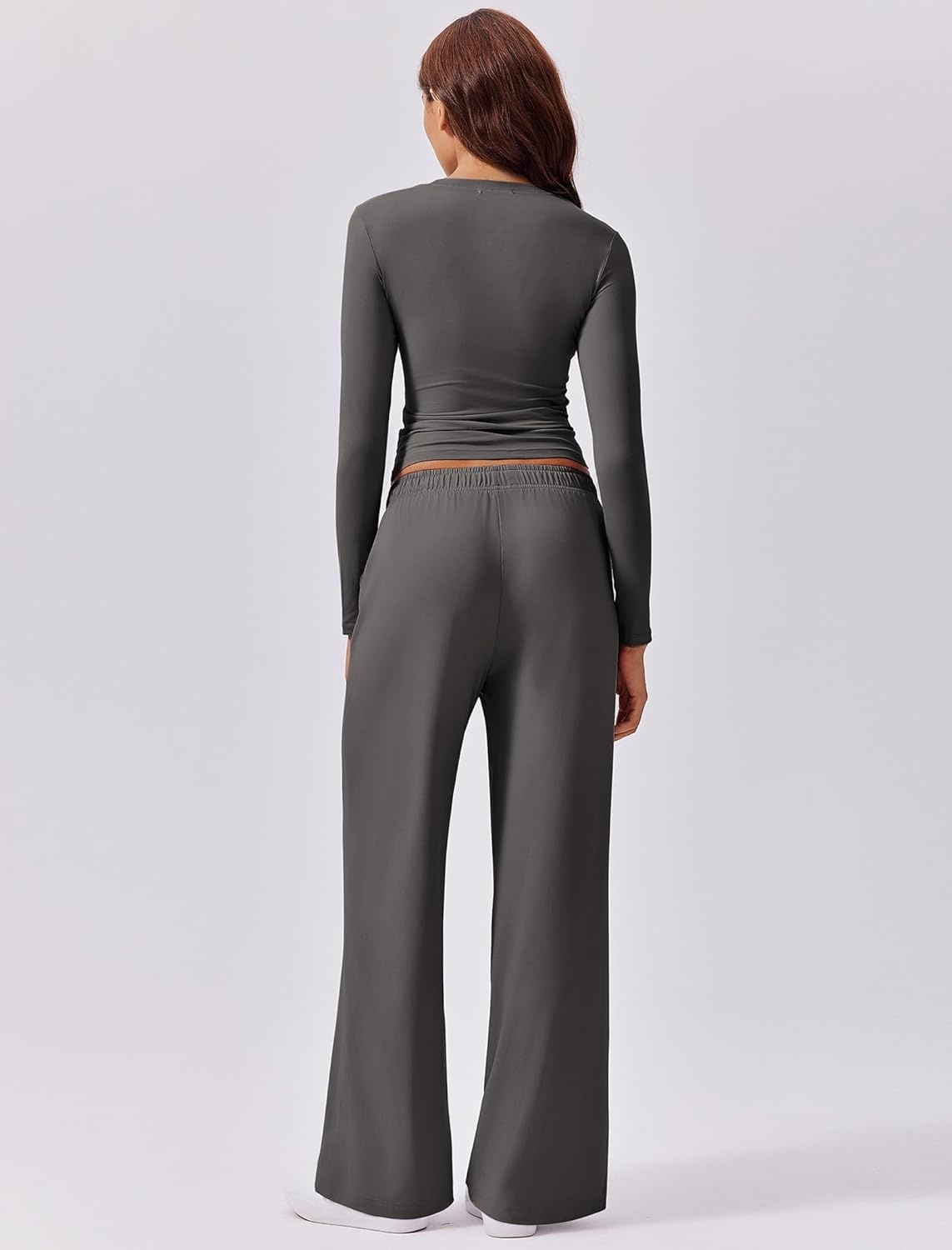 image:imagePINSPARK Women 2 Piece Lounge Set Long Sleeve Cropped Top Wide Leg Pants with Pockets 2024 Fall Outfits Matching TracksuitDark Grey