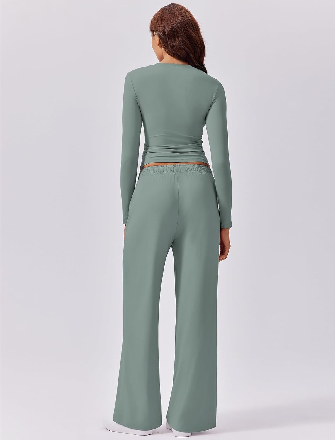 image:imagePINSPARK Women 2 Piece Lounge Set Long Sleeve Cropped Top Wide Leg Pants with Pockets 2024 Fall Outfits Matching TracksuitGrey Sage