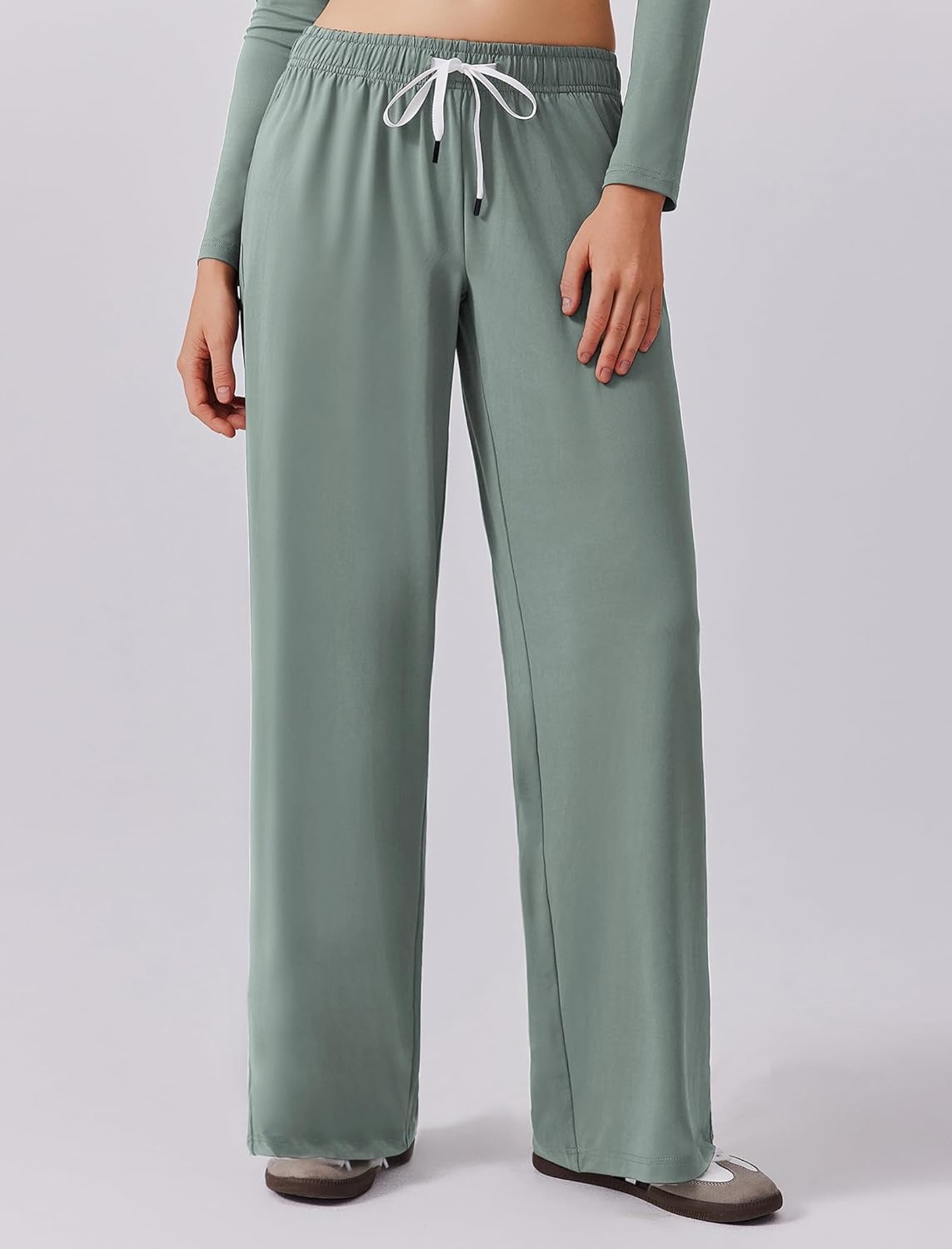 image:imagePINSPARK Women 2 Piece Lounge Set Long Sleeve Cropped Top Wide Leg Pants with Pockets 2024 Fall Outfits Matching TracksuitGrey Sage