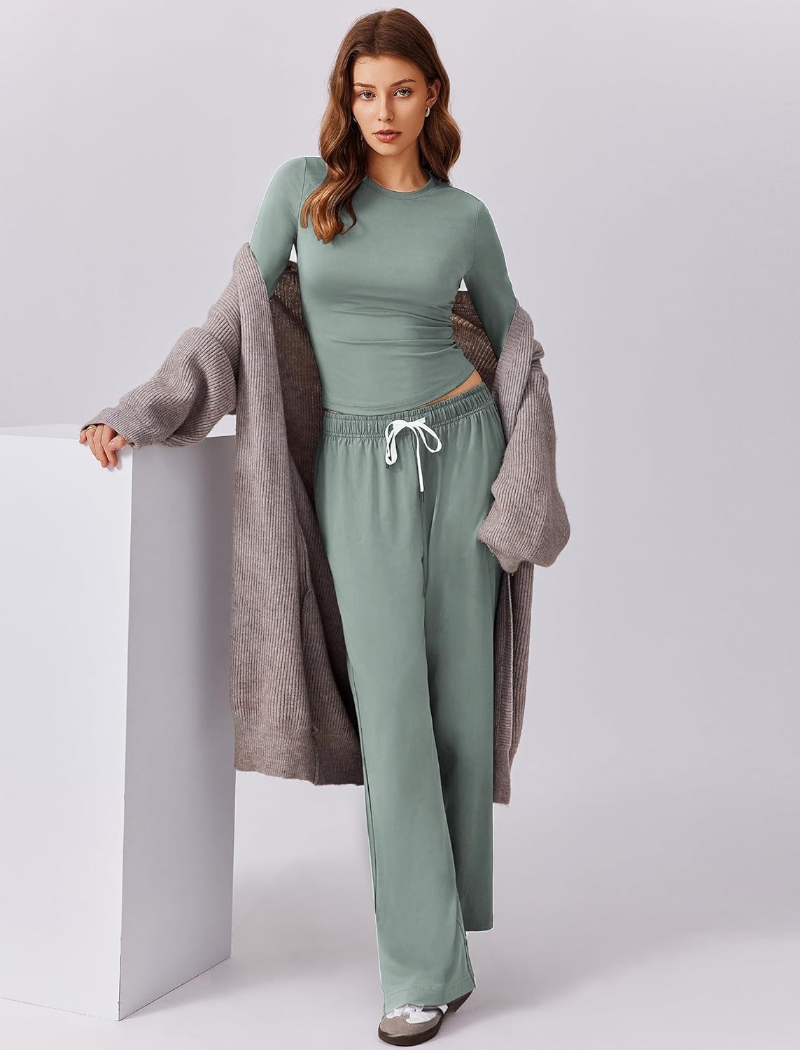 image:imagePINSPARK Women 2 Piece Lounge Set Long Sleeve Cropped Top Wide Leg Pants with Pockets 2024 Fall Outfits Matching TracksuitGrey Sage