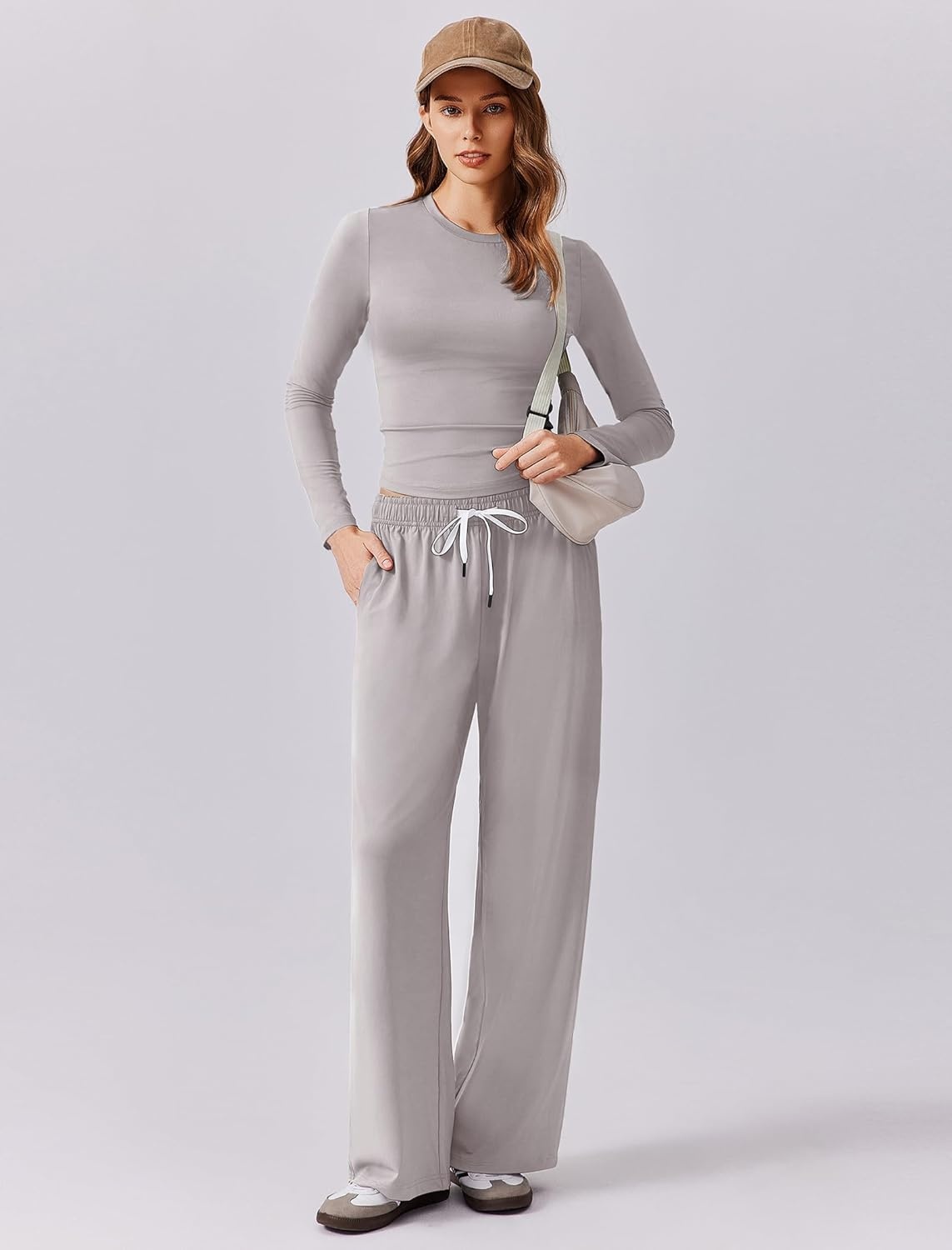 image:imagePINSPARK Women 2 Piece Lounge Set Long Sleeve Cropped Top Wide Leg Pants with Pockets 2024 Fall Outfits Matching TracksuitLight Grey