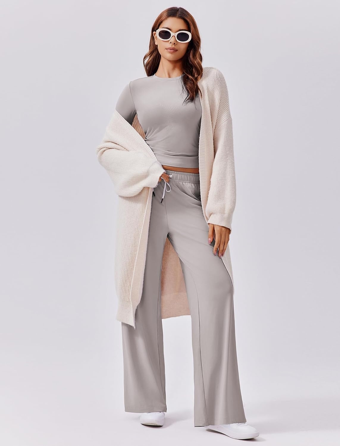 image:imagePINSPARK Women 2 Piece Lounge Set Long Sleeve Cropped Top Wide Leg Pants with Pockets 2024 Fall Outfits Matching TracksuitLight Grey