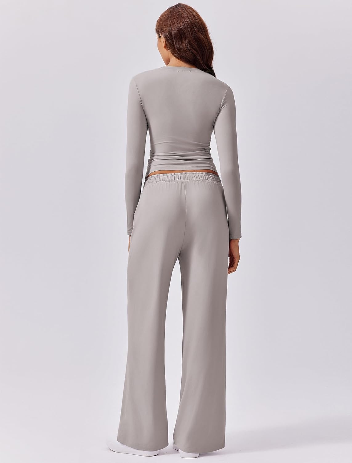 image:imagePINSPARK Women 2 Piece Lounge Set Long Sleeve Cropped Top Wide Leg Pants with Pockets 2024 Fall Outfits Matching TracksuitLight Grey