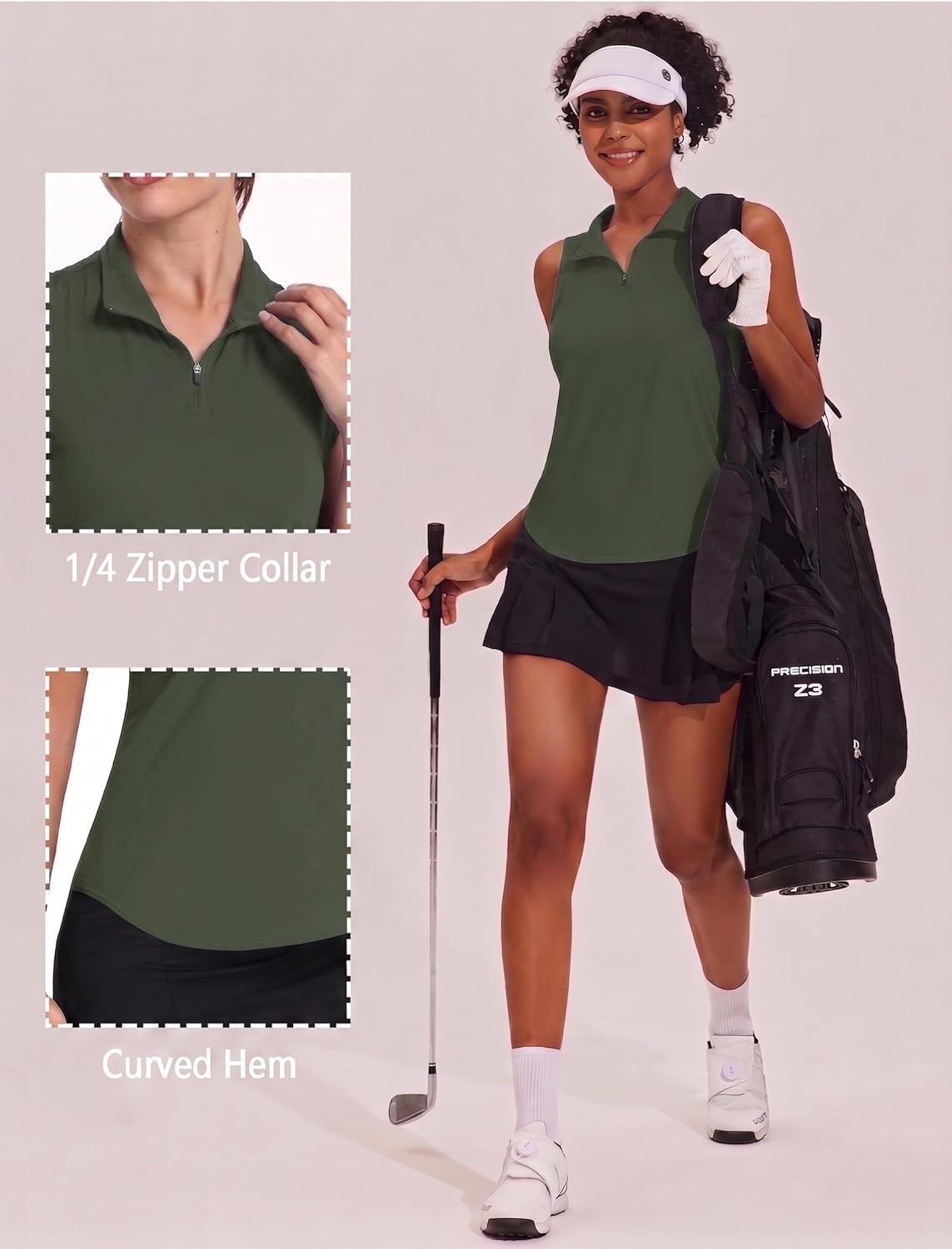 image:imagePINSPARK Women Golf Shirts Sleeveless UPF 50 Tennis Polo Shirts 14 Zip with Collar Racerback Tank Tops Pickleball ShirtsArmy Green