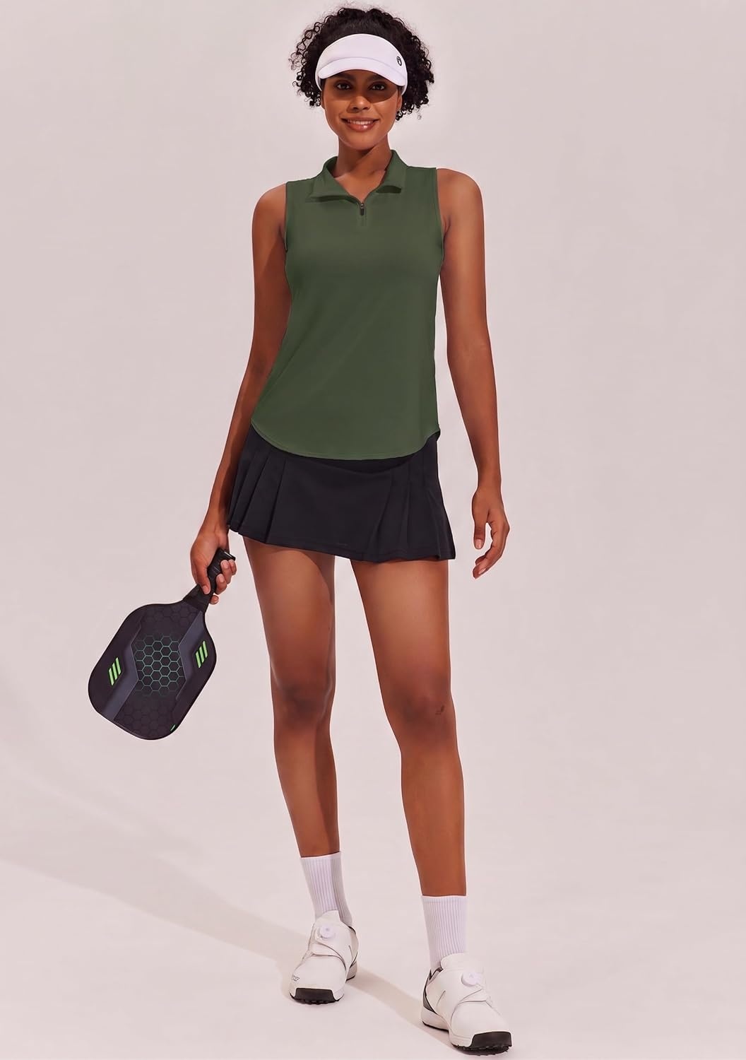 image:imagePINSPARK Women Golf Shirts Sleeveless UPF 50 Tennis Polo Shirts 14 Zip with Collar Racerback Tank Tops Pickleball ShirtsArmy Green