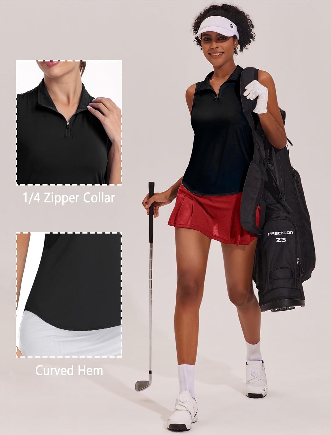 image:imagePINSPARK Women Golf Shirts Sleeveless UPF 50 Tennis Polo Shirts 14 Zip with Collar Racerback Tank Tops Pickleball ShirtsBlack