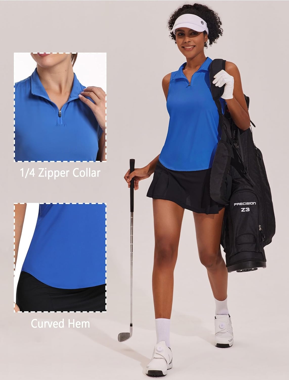 image:imagePINSPARK Women Golf Shirts Sleeveless UPF 50 Tennis Polo Shirts 14 Zip with Collar Racerback Tank Tops Pickleball ShirtsBlue