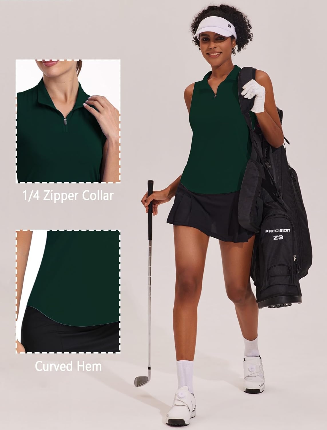 image:imagePINSPARK Women Golf Shirts Sleeveless UPF 50 Tennis Polo Shirts 14 Zip with Collar Racerback Tank Tops Pickleball ShirtsForest Green