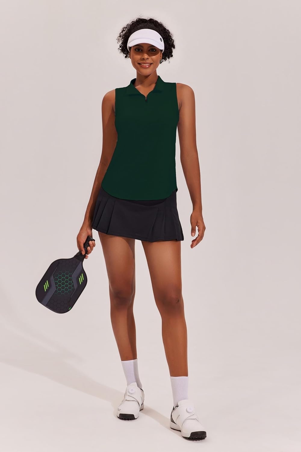 image:imagePINSPARK Women Golf Shirts Sleeveless UPF 50 Tennis Polo Shirts 14 Zip with Collar Racerback Tank Tops Pickleball ShirtsForest Green