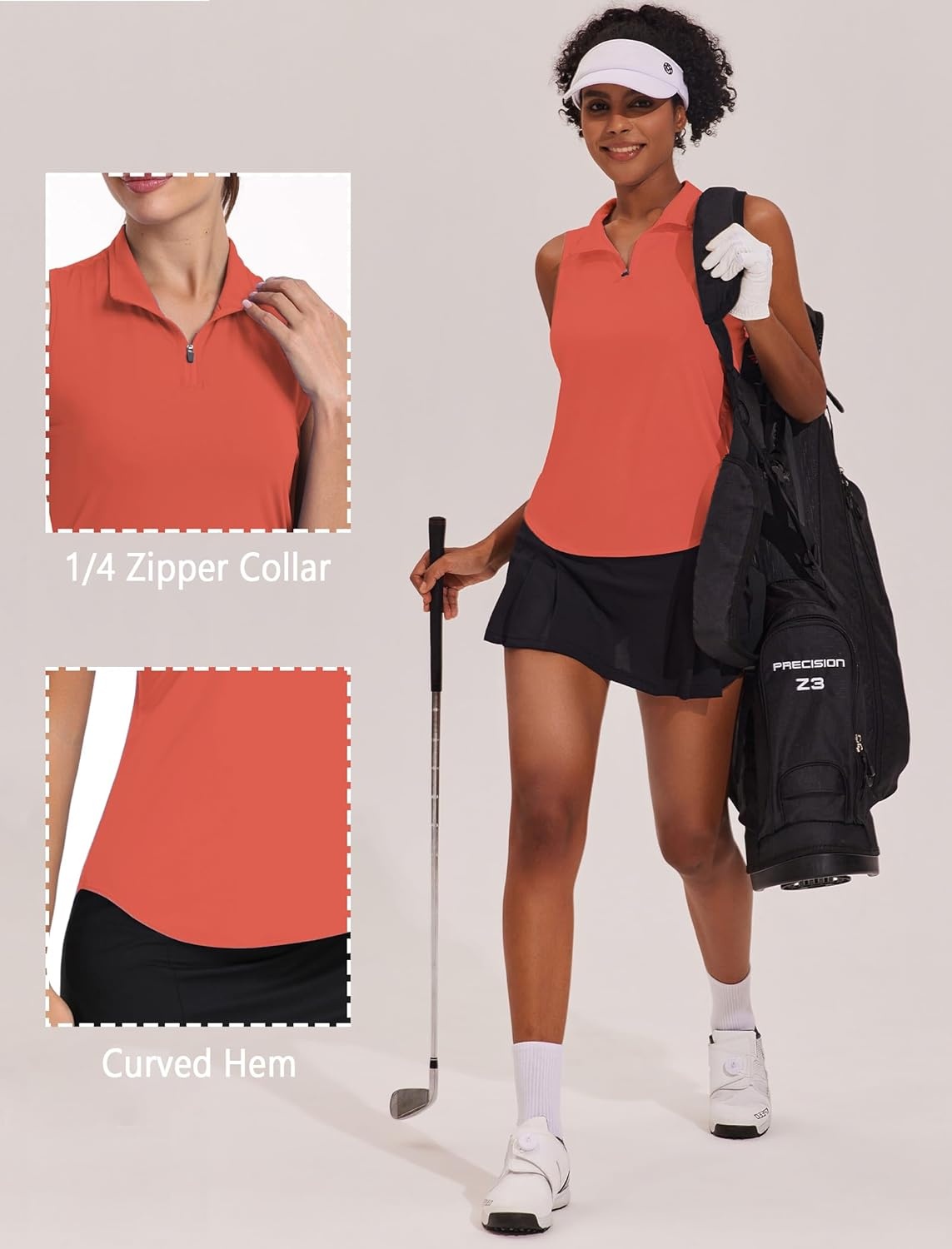 image:imagePINSPARK Women Golf Shirts Sleeveless UPF 50 Tennis Polo Shirts 14 Zip with Collar Racerback Tank Tops Pickleball ShirtsGloss Pink