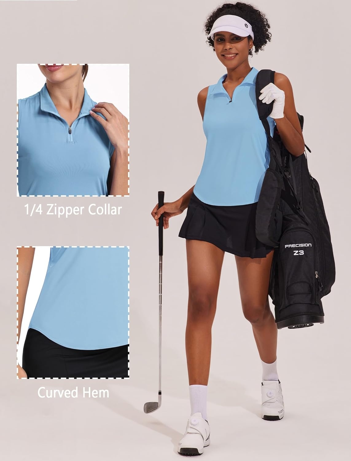 image:imagePINSPARK Women Golf Shirts Sleeveless UPF 50 Tennis Polo Shirts 14 Zip with Collar Racerback Tank Tops Pickleball ShirtsLight Blue