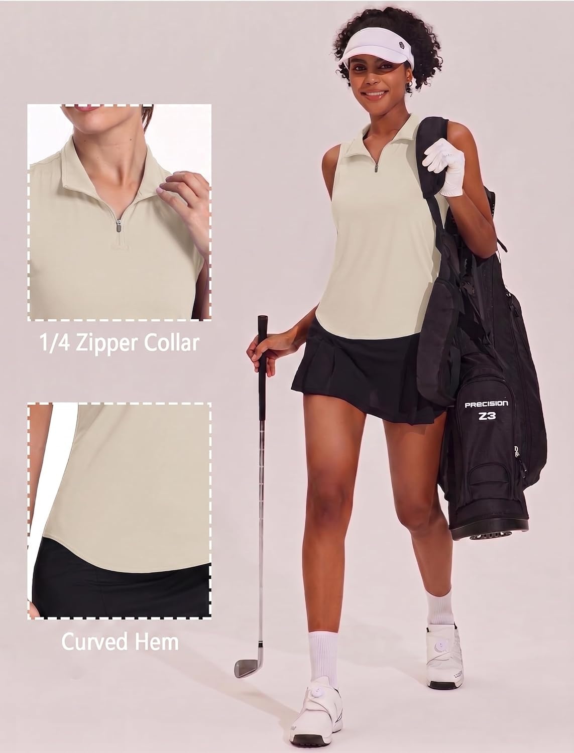 image:imagePINSPARK Women Golf Shirts Sleeveless UPF 50 Tennis Polo Shirts 14 Zip with Collar Racerback Tank Tops Pickleball ShirtsLight Khaki