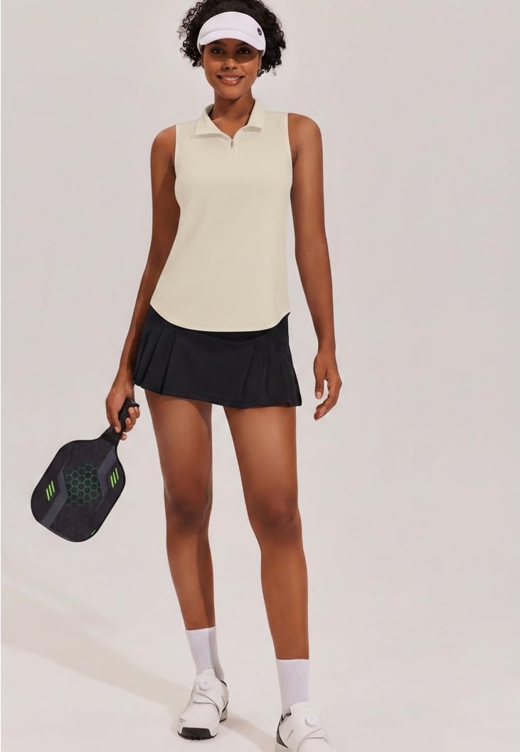 image:imagePINSPARK Women Golf Shirts Sleeveless UPF 50 Tennis Polo Shirts 14 Zip with Collar Racerback Tank Tops Pickleball ShirtsLight Khaki