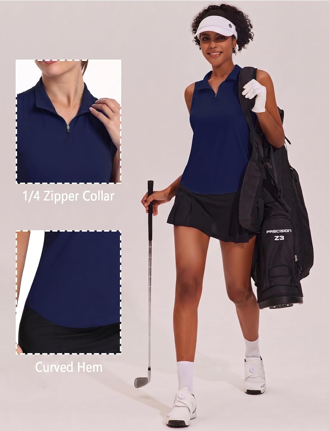 image:imagePINSPARK Women Golf Shirts Sleeveless UPF 50 Tennis Polo Shirts 14 Zip with Collar Racerback Tank Tops Pickleball ShirtsNavy
