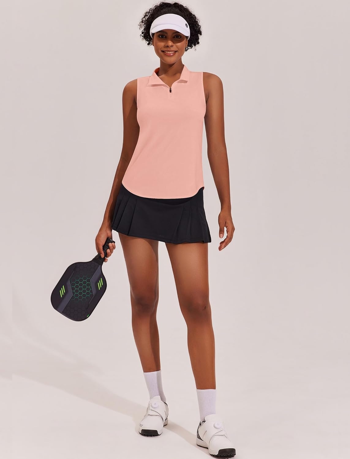 image:imagePINSPARK Women Golf Shirts Sleeveless UPF 50 Tennis Polo Shirts 14 Zip with Collar Racerback Tank Tops Pickleball ShirtsPink