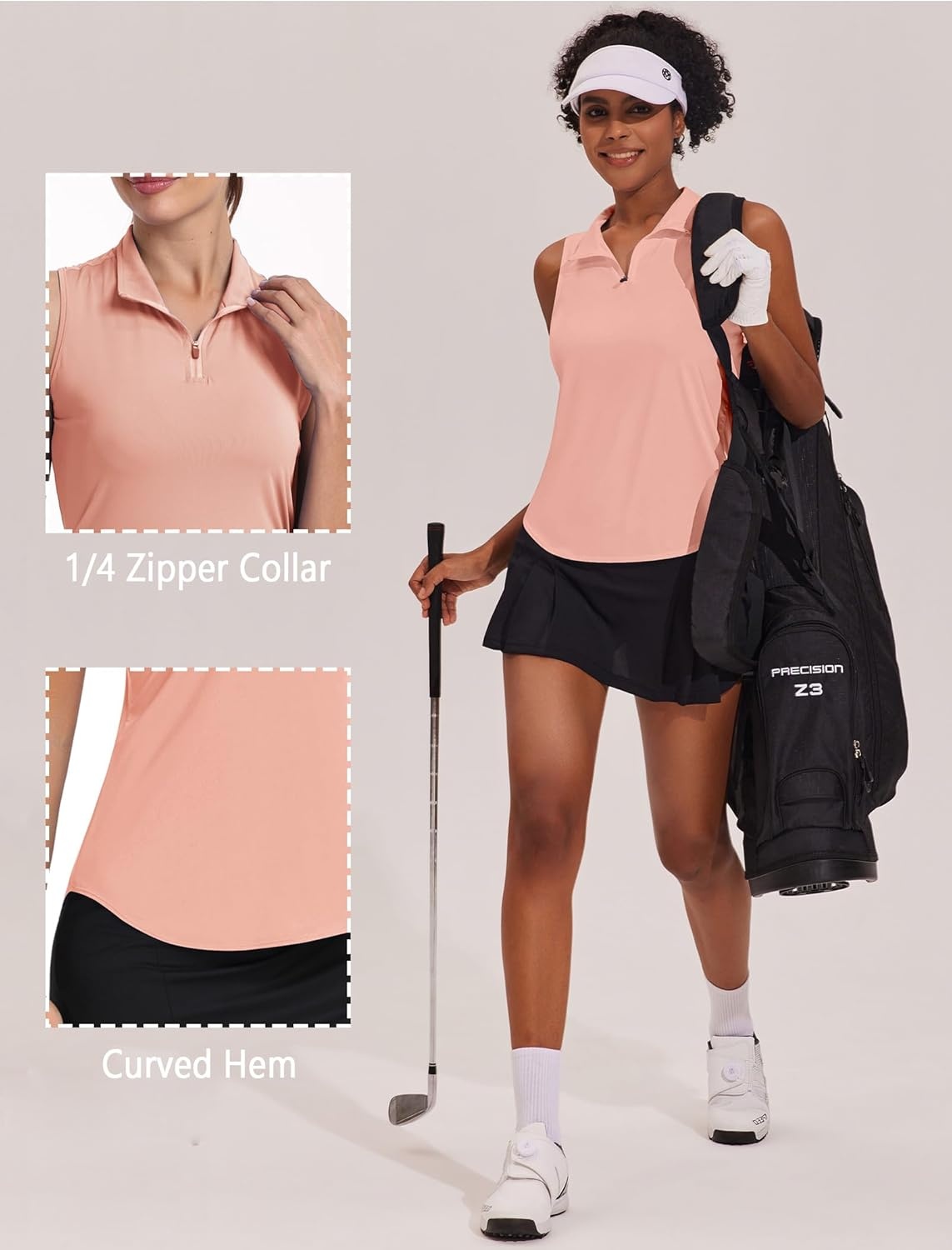 image:imagePINSPARK Women Golf Shirts Sleeveless UPF 50 Tennis Polo Shirts 14 Zip with Collar Racerback Tank Tops Pickleball ShirtsPink