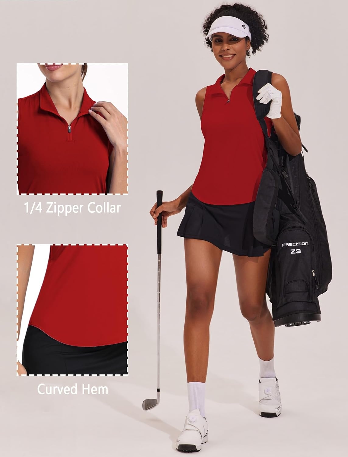 image:imagePINSPARK Women Golf Shirts Sleeveless UPF 50 Tennis Polo Shirts 14 Zip with Collar Racerback Tank Tops Pickleball ShirtsRed